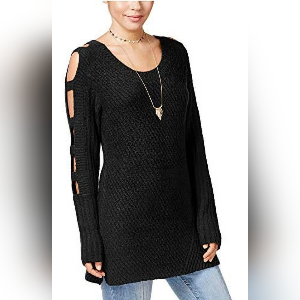 Zenana Outfitters Black Knit Sweater with Cut-Out Sleeves